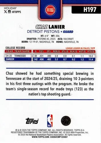2025-26 Topps Holiday #H197 Chaz Lanier NM-MT RC Rookie Pistons ID:81019 - Basketball Card Single