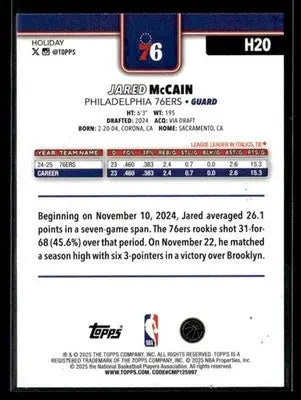 2025-26 Topps Holiday #H20 Base Jared McCain Philadelphia 76ers - Basketball Card Single