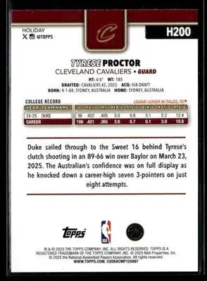 2025-26 Topps Holiday #H200 Tyrese Proctor Base RC Cleveland Cavaliers - Basketball Card Single