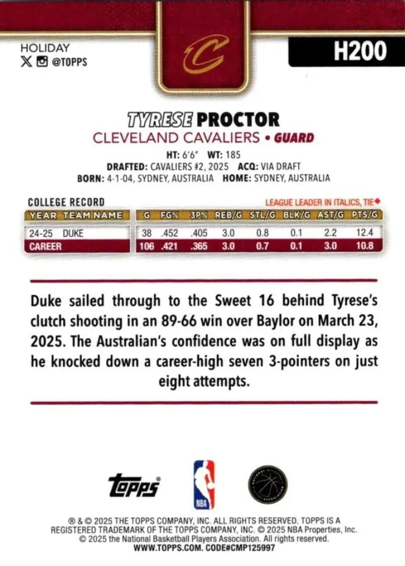 2025-26 Topps Holiday #H200 Tyrese Proctor NM-MT RC Rookie Cavaliers ID:81021 - Basketball Card Single