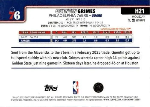 2025-26 Topps Holiday #H21 Quentin Grimes NM-MT 76ers ID:80721 - Basketball Card Single