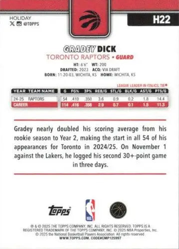 2025-26 Topps Holiday #H22 Gradey Dick NM-MT Raptors ID:80722 - Basketball Card Single