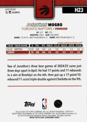 2025-26 Topps Holiday #H23 Jonathan Mogbo NM-MT Raptors ID:80723 - Basketball Card Single
