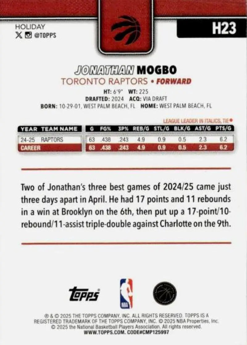 2025-26 Topps Holiday #H23 Jonathan Mogbo NM-MT Raptors ID:80723 - Basketball Card Single