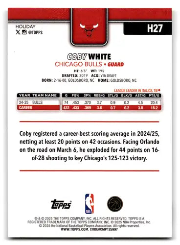 2025-26 Topps Holiday #H27 Coby White NM-MT Bulls ID:80054 - Basketball Card Single