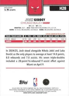 2025-26 Topps Holiday #H28 Josh Giddey NM-MT Bulls ID:80725 - Basketball Card Single