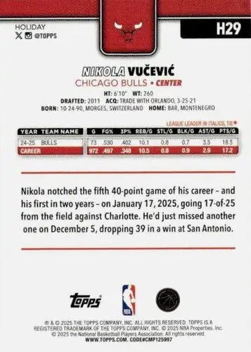 2025-26 Topps Holiday #H29 Nikola Vucevic NM-MT Bulls ID:80726 - Basketball Card Single