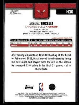 2025-26 Topps Holiday #H30 Matas Buzelis Base Chicago Bulls - Basketball Card Single