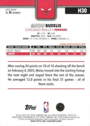 2025-26 Topps Holiday #H30 Matas Buzelis NM-MT Bulls ID:80727 - Basketball Card Single