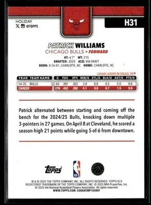 2025-26 Topps Holiday #H31 Patrick Williams Base Chicago Bulls - Basketball Card Single