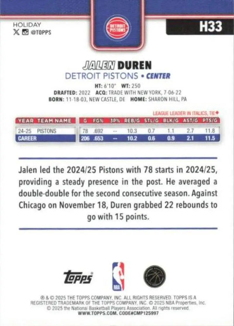 2025-26 Topps Holiday #H33 Jalen Duren NM-MT Pistons ID:80729 - Basketball Card Single