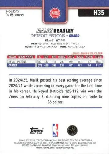 2025-26 Topps Holiday #H35 Malik Beasley NM-MT Pistons ID:80730 - Basketball Card Single