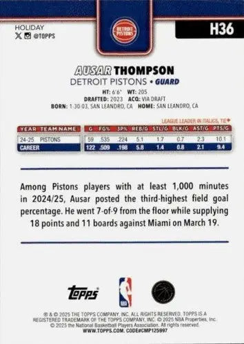 2025-26 Topps Holiday #H36 Ausar Thompson NM-MT Pistons ID:80731 - Basketball Card Single