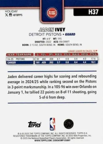 2025-26 Topps Holiday #H37 Jaden Ivey NM-MT Pistons ID:80732 - Basketball Card Single