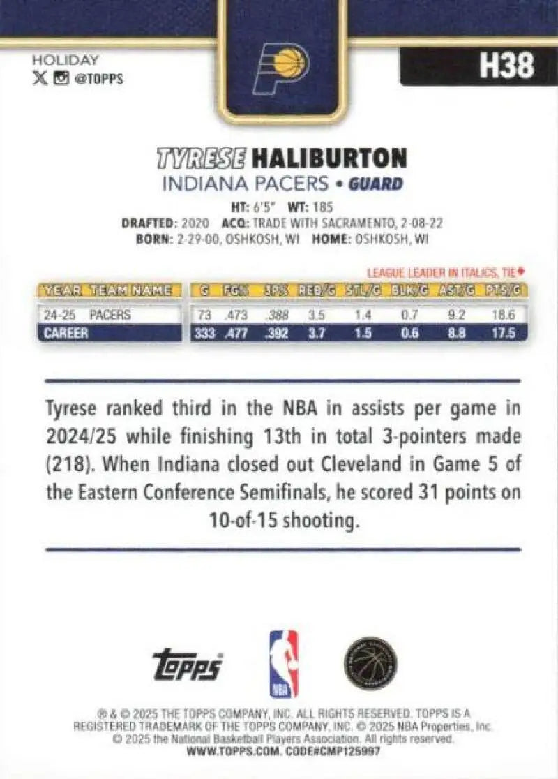 2025-26 Topps Holiday #H38 Tyrese Haliburton NM-MT Pacers ID:80733 - Basketball Card Single