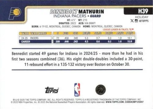 2025-26 Topps Holiday #H39 Bennedict Mathurin NM-MT Pacers ID:80734 - Basketball Card Single