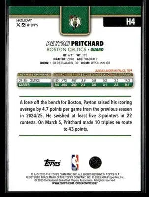 2025-26 Topps Holiday #H4 Payton Pritchard Base Boston Celtics - Basketball Card Single
