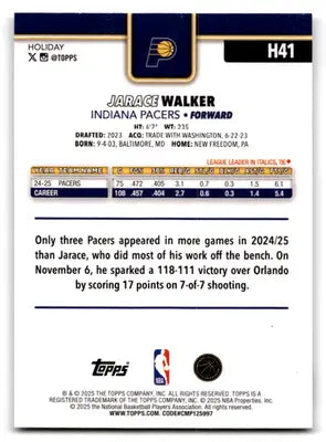 2025-26 Topps Holiday #H41 Jarace Walker NM-MT Pacers ID:80197 - Basketball Card Single