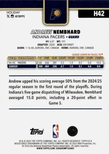 2025-26 Topps Holiday #H42 Andrew Nembhard NM-MT Pacers ID:80736 - Basketball Card Single