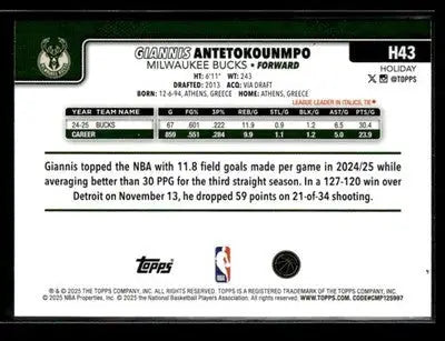2025-26 Topps Holiday #H43 Giannis Antetokounmpo Base Milwaukee Bucks - Basketball Card Single