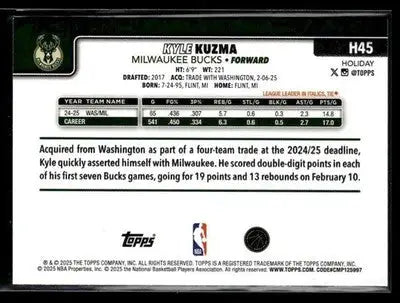 2025-26 Topps Holiday #H45 Kyle Kuzma Base Milwaukee Bucks - Basketball Card Single