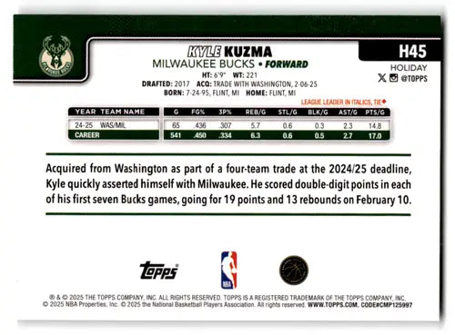2025-26 Topps Holiday #H45 Kyle Kuzma NM-MT Bucks ID:80066 - Basketball Card Single