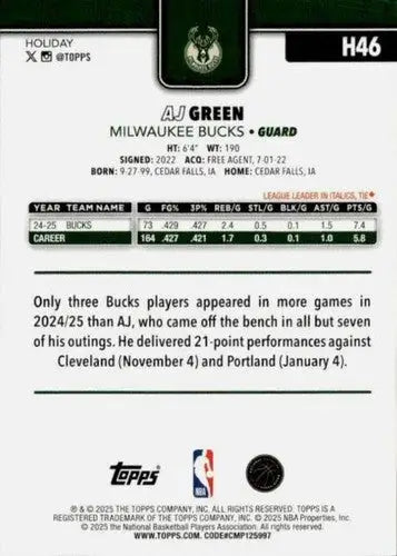 2025-26 Topps Holiday #H46 AJ Green NM-MT Bucks ID:80737 - Basketball Card Single