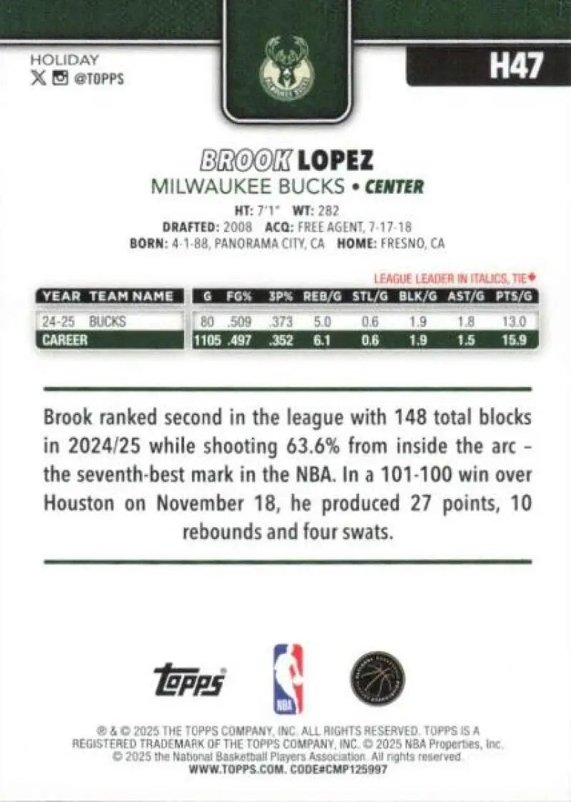 2025-26 Topps Holiday #H47 Brook Lopez NM-MT Bucks ID:80738 - Basketball Card Single