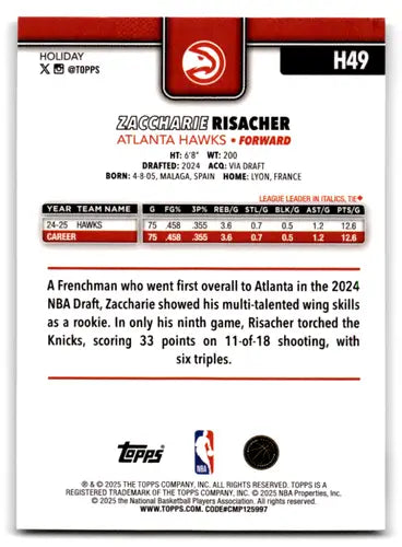 2025-26 Topps Holiday #H49 Zaccharie Risacher NM-MT Hawks ID:79906 - Basketball Card Single