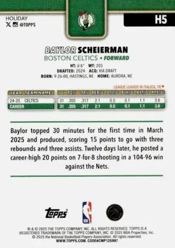 2025-26 Topps Holiday #H5 Baylor Scheierman NM-MT Celtics ID:80708 - Basketball Card Single
