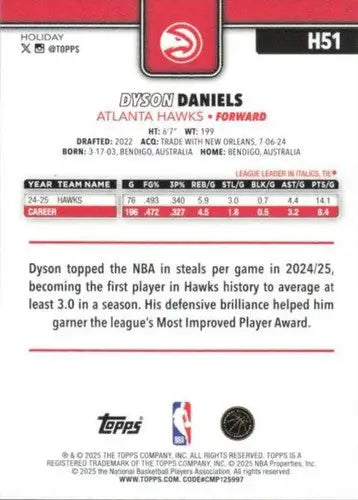2025-26 Topps Holiday #H51 Dyson Daniels NM-MT Hawks ID:80739 - Basketball Card Single