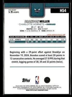 2025-26 Topps Holiday #H54 Base Brandon Miller Charlotte Hornets - Basketball Card Single