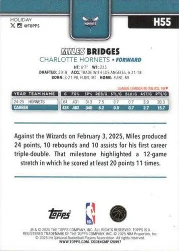 2025-26 Topps Holiday #H55 Miles Bridges NM-MT Hornets ID:80742 - Basketball Card Single
