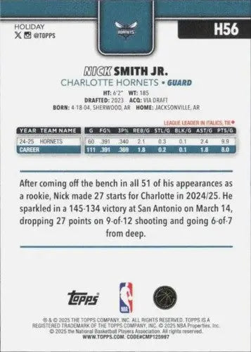 2025-26 Topps Holiday #H56 Nick Smith Jr. NM-MT Hornets ID:80743 - Basketball Card Single