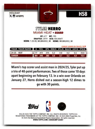 2025-26 Topps Holiday #H58 Tyler Herro NM-MT Heat ID:80067 - Basketball Card Single