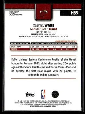 2025-26 Topps Holiday #H59 Kel’el Ware Base Miami Heat