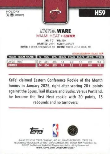 2025-26 Topps Holiday #H59 Kel’el Ware NM-MT Heat ID:80744 - Basketball Card Single