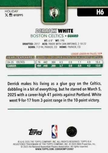 2025-26 Topps Holiday #H6 Derrick White NM-MT Celtics ID:80709 - Basketball Card Single