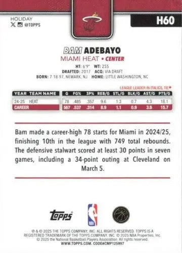 2025-26 Topps Holiday #H60 Bam Adebayo NM-MT Heat ID:80745 - Basketball Card Single