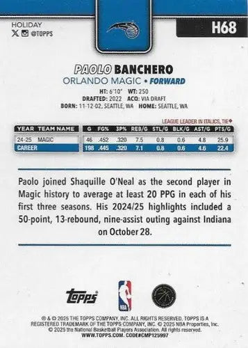 2025-26 Topps Holiday #H68 Paolo Banchero NM-MT Magic ID:80889 - Basketball Card Single