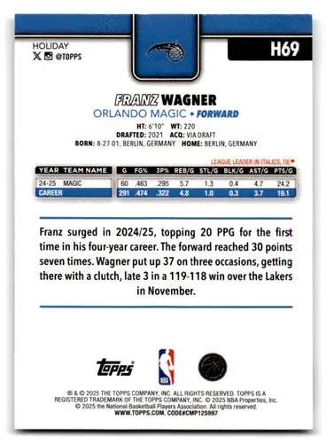 2025-26 Topps Holiday #H69 Franz Wagner NM-MT Magic ID:79907 - Basketball Card Single