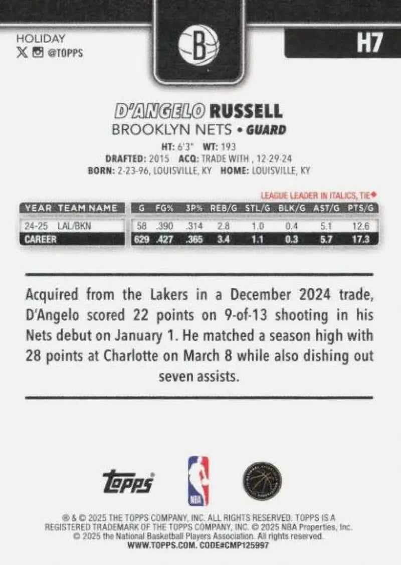 2025-26 Topps Holiday #H7 D’Angelo Russell NM-MT Nets ID:80710 - Basketball Card Single