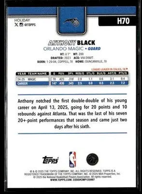 2025-26 Topps Holiday #H70 Anthony Black Base Orlando Magic - Basketball Card Single