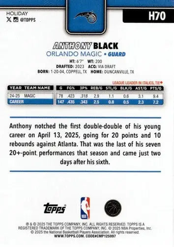 2025-26 Topps Holiday #H70 Anthony Black NM-MT Magic ID:80890 - Basketball Card Single