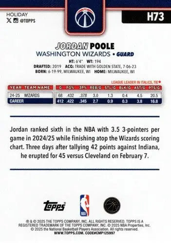 2025-26 Topps Holiday #H73 Jordan Poole NM-MT Wizards ID:80892 - Basketball Card Single