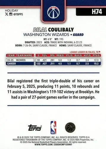 2025-26 Topps Holiday #H74 Bilal Coulibaly NM-MT Wizards ID:80893 - Basketball Card Single