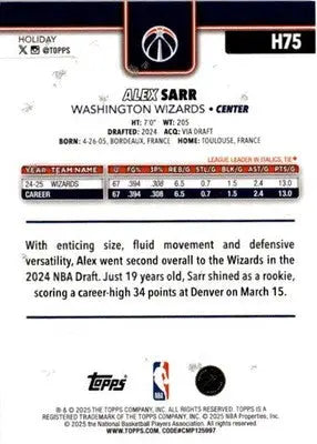 2025-26 Topps Holiday #H75 Alex Sarr Glitter Holiday
