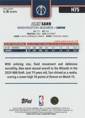 2025-26 Topps Holiday #H75 Alex Sarr NM-MT Wizards ID:80894