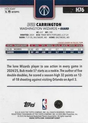 2025-26 Topps Holiday #H76 Bub Carrington NM-MT Wizards ID:80895 - Basketball Card Single