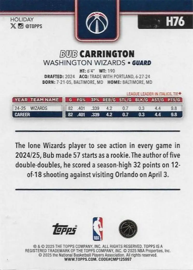 2025-26 Topps Holiday #H76 Bub Carrington NM-MT Wizards ID:80895 - Basketball Card Single